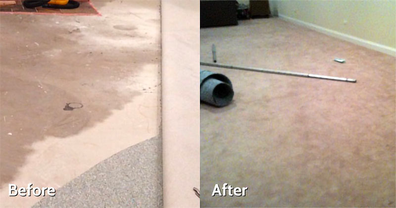 Before and after photo of water damaged carpet